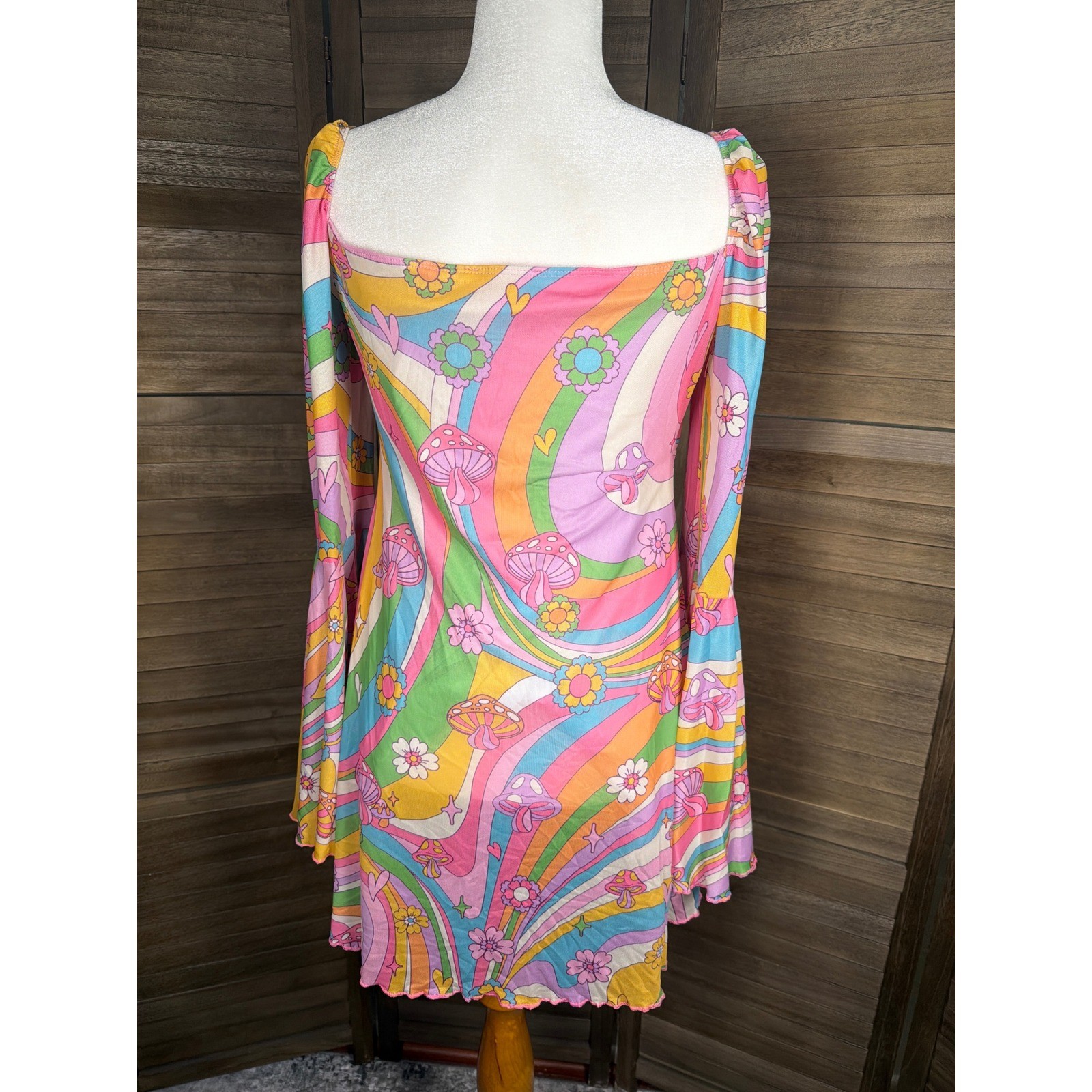 Sugar Thrillz Dolls Kill Psychedelic Mushroom Rainbow Bell Sleeve Mini Dress XL