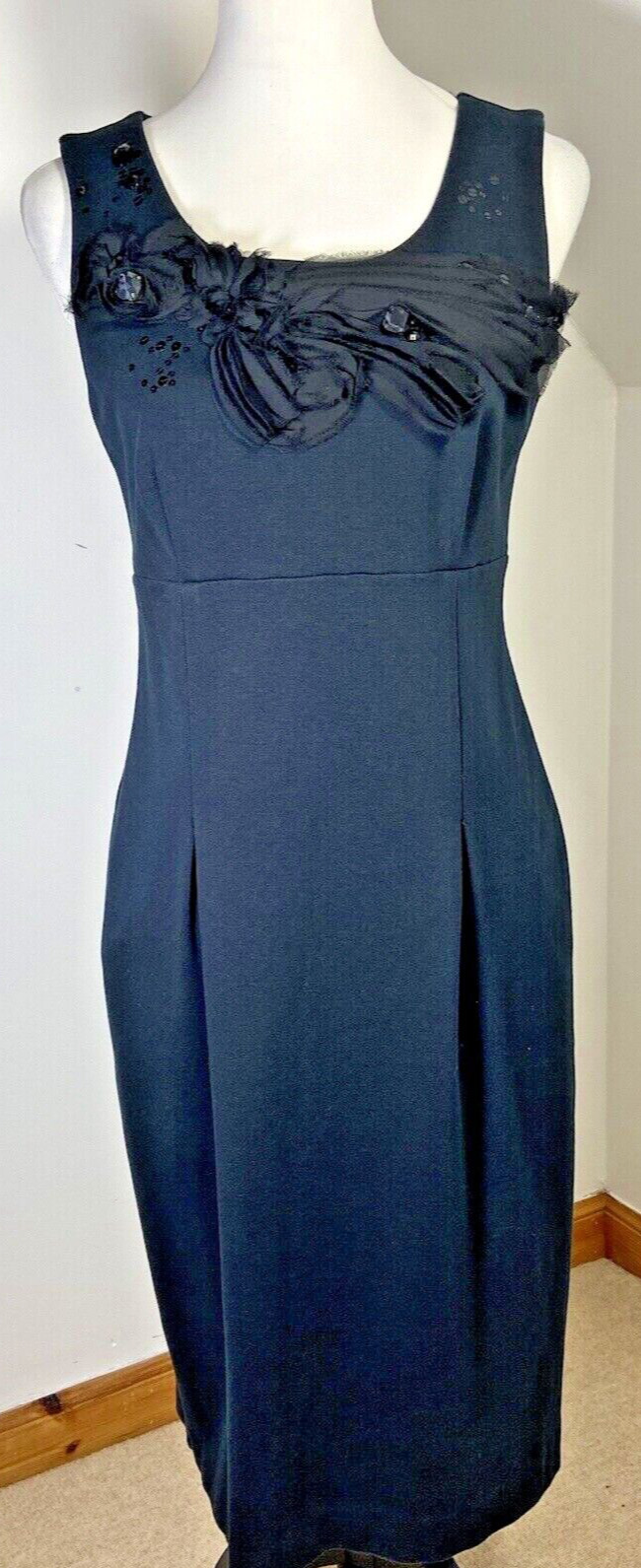 Next Shift Dress Beaded & Sequin Size 12 Black Cocktail Jersey Open Back Fitted