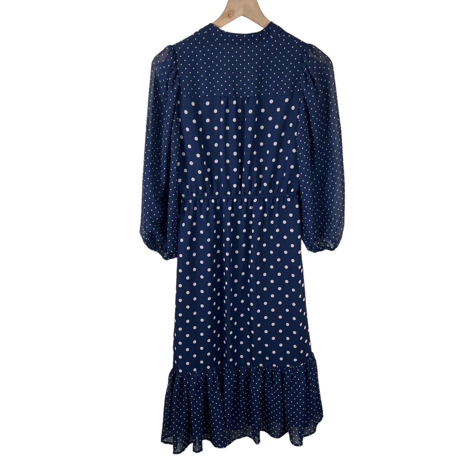 Eliza J Blue Pink Polka Dot Chiffon 3/4 Puff Sleeve V Neck Ruffle Bottom Dress 4