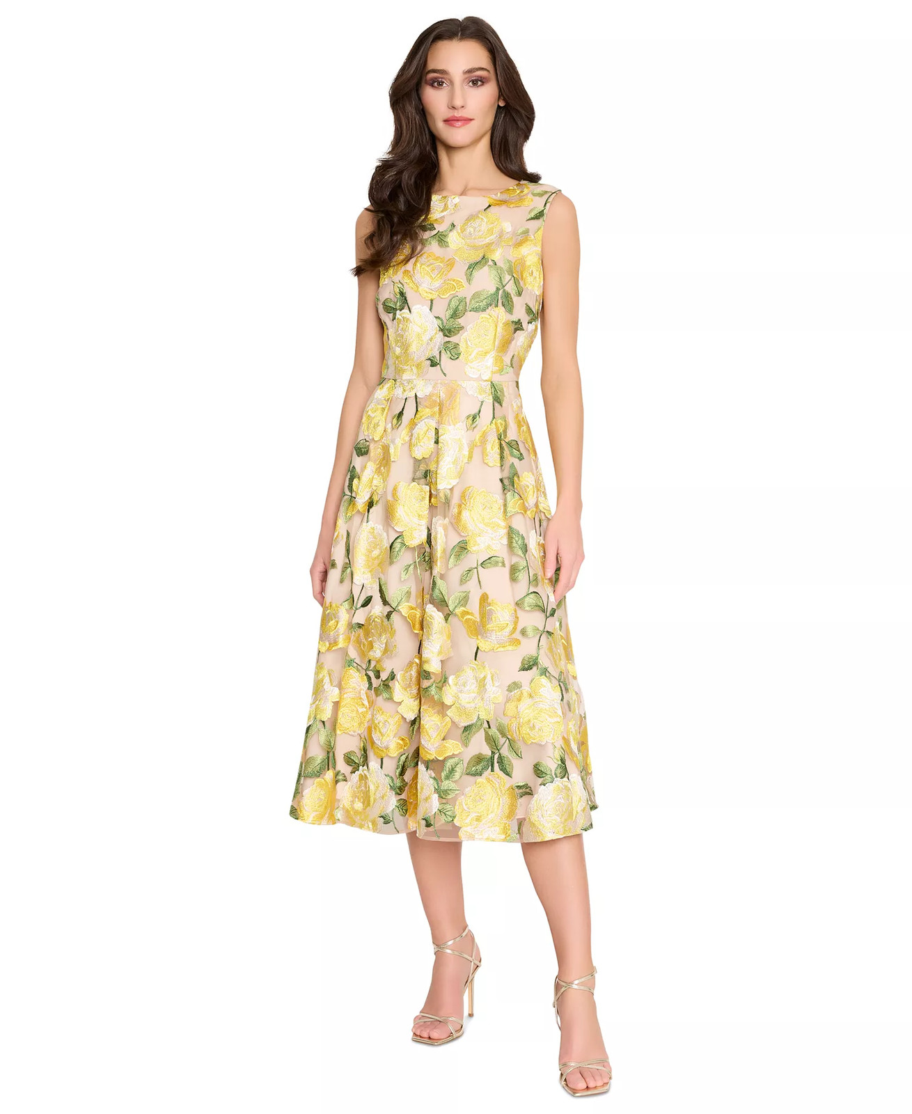 Tahari ASL Cocktail Dress 12 Beige Yellow Embroidered A-Line Midi NWT $279