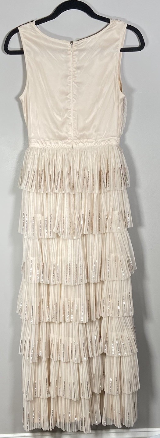 Geode Womens Small Champagne Sequin Tiered Ruffle Maxi Dress Formal Party