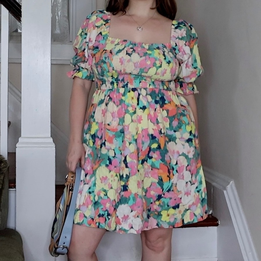 GAP Linen Floral Smocked Puff Sleeve Dress Square Neck Cottagecore SZ Medium