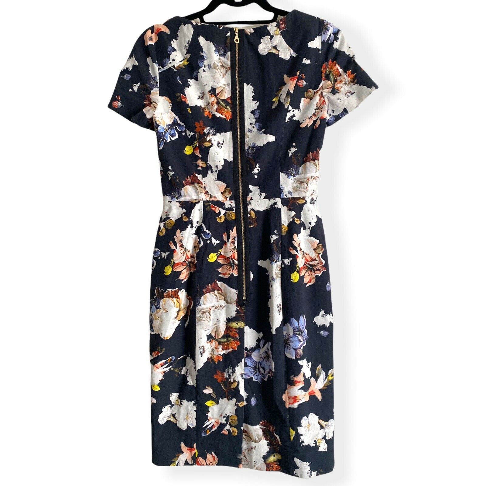 Erdem Joyce Floral Print Crepe Sheath Dress Navy Bateau Neck Designer Size 4