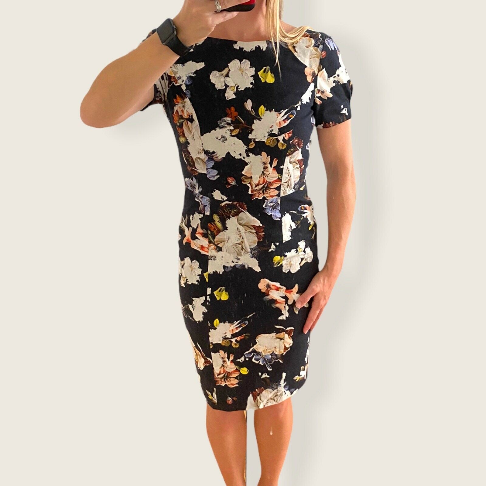 Erdem Joyce Floral Print Crepe Sheath Dress Navy Bateau Neck Designer Size 4