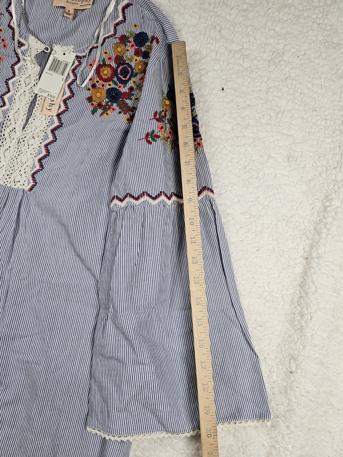 Philosophy Womens S Embroidered Boho Peasant Dress Blue White Stripe Bell NWT