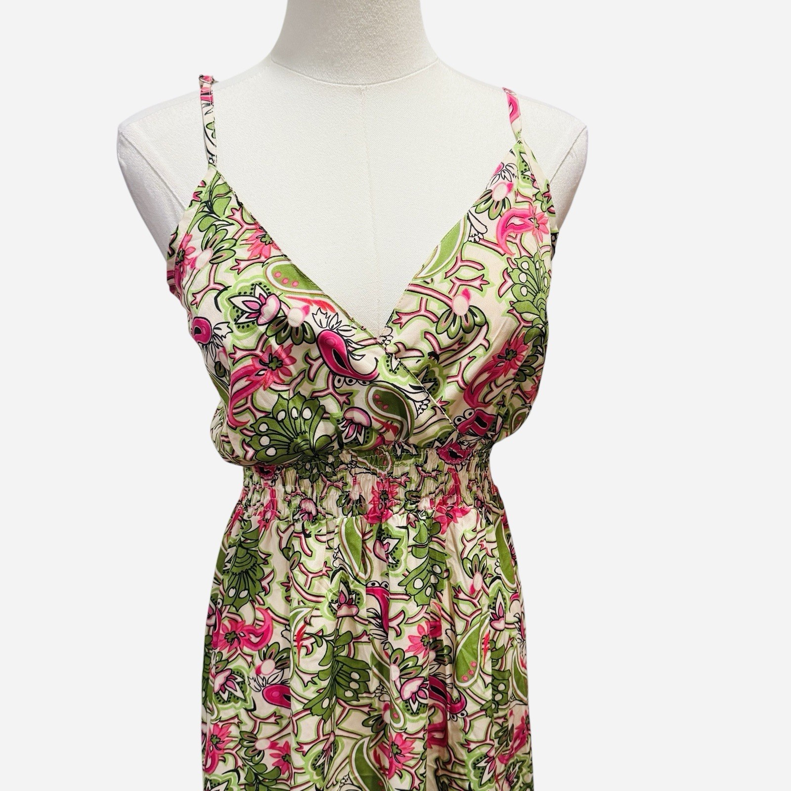 Shore Drive Womens Size Large Boho Floral Hi Low Green Pink Maxi Dress Festival
