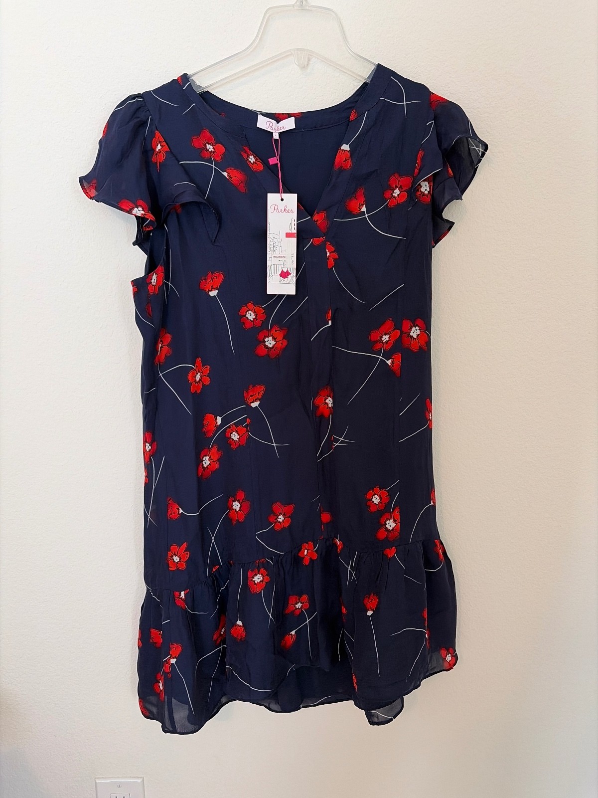 NWT Parker Navy Blue Floral Red Poppies Print Dress Size Large