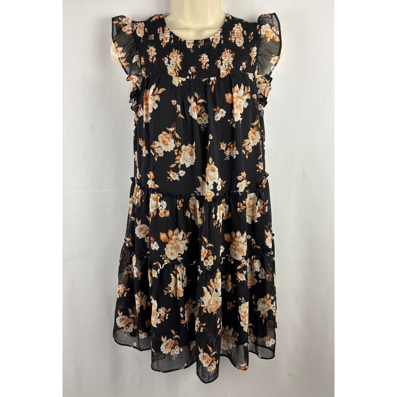 Black Floral Smocked Dress Women’s XS Cottagecore Flutter Ruffle Lined
