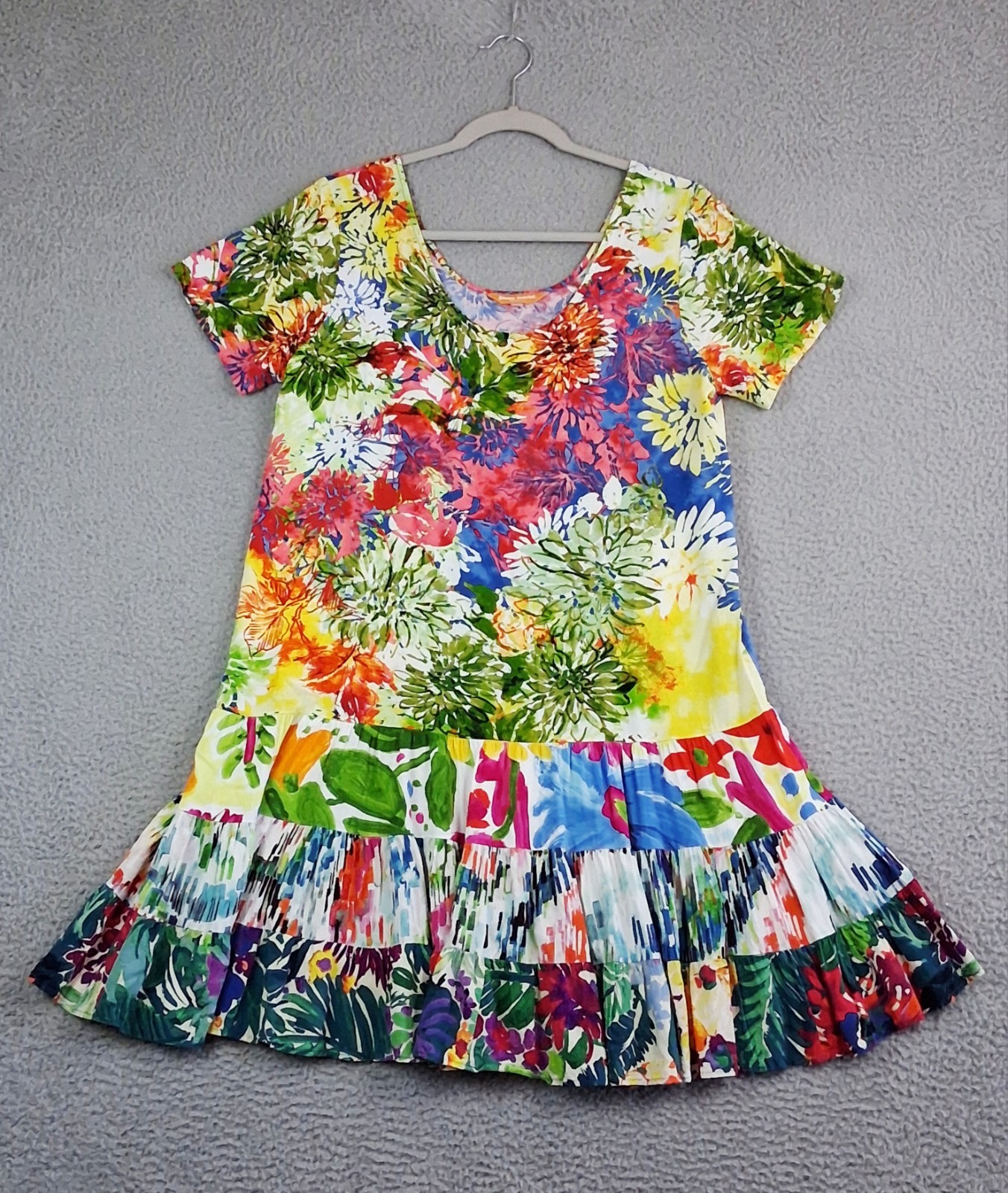Jams World Hattie Dress Size L Tiered Floral Tropical Santini Print Vintage 90s
