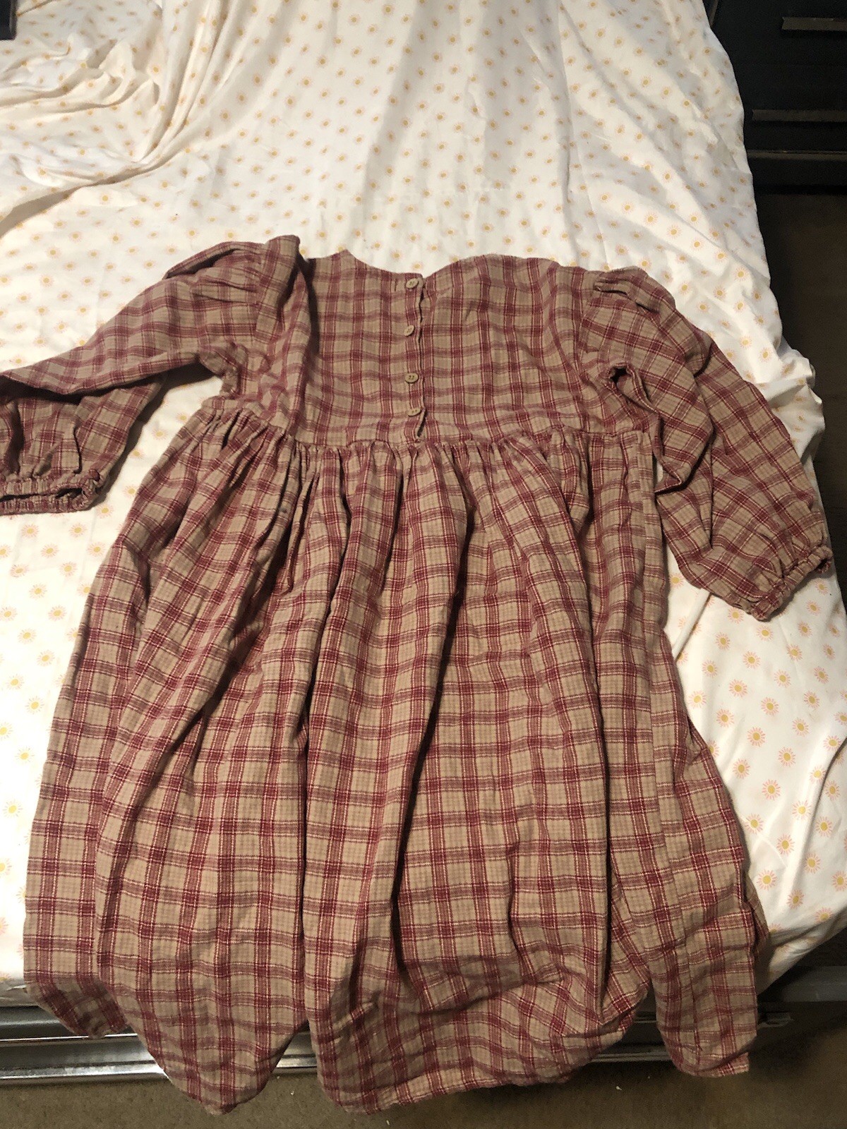 Fall Winter Korean Style women size 8 Cotton Linen Lantern Sleeve Plaid Dress