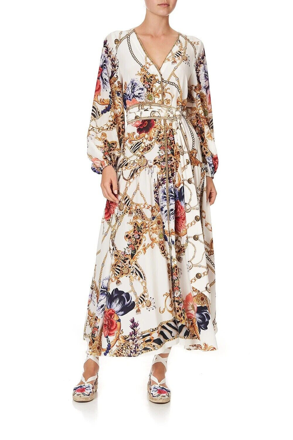 new $899 CAMILLA REIGN SUPREME BELTED BLOUSON DRESS SILK CRYSTALS L