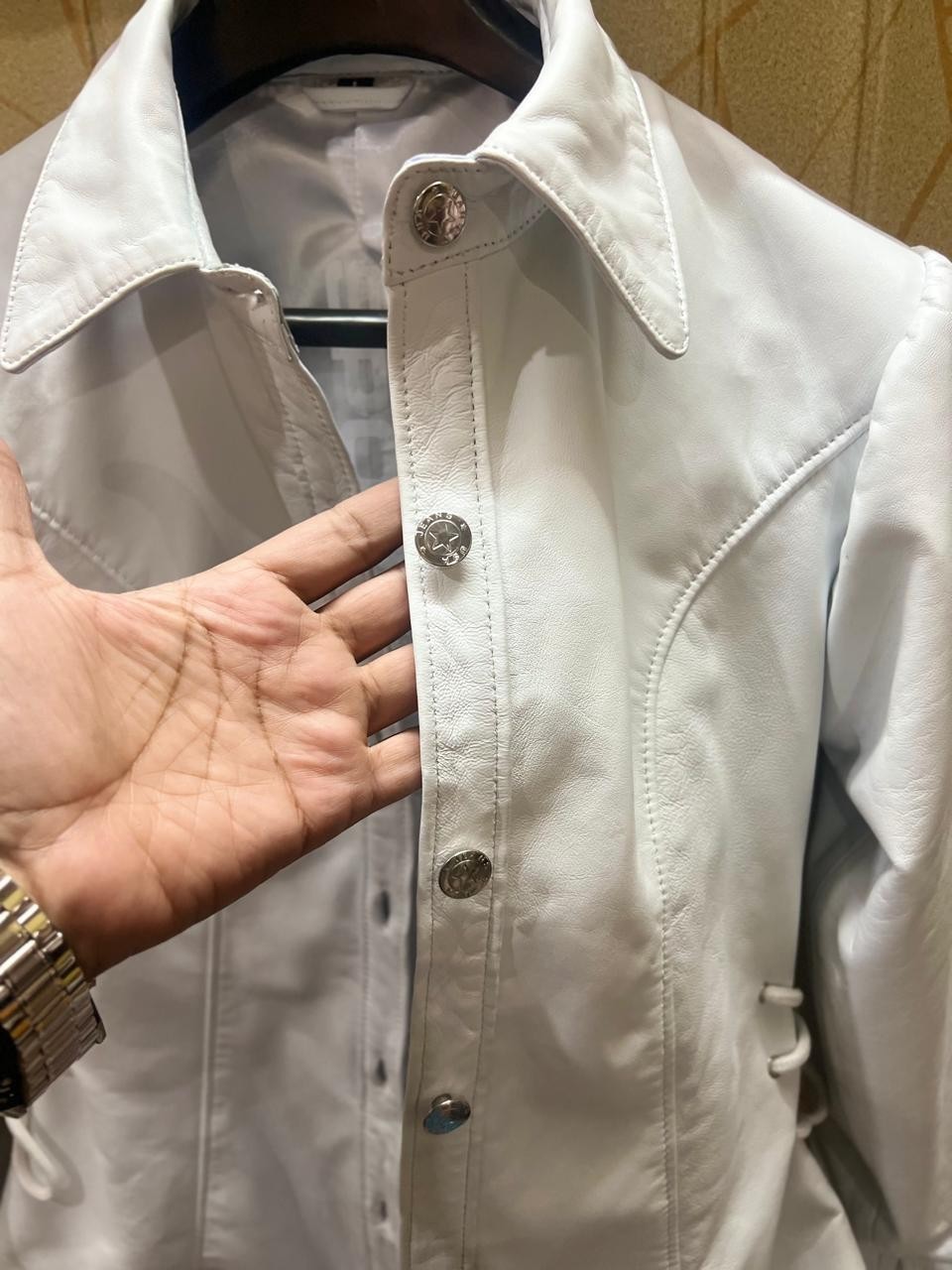 Women’s White Genuine Leather Jacket Lace Up Fitted Button Front Casual Coat