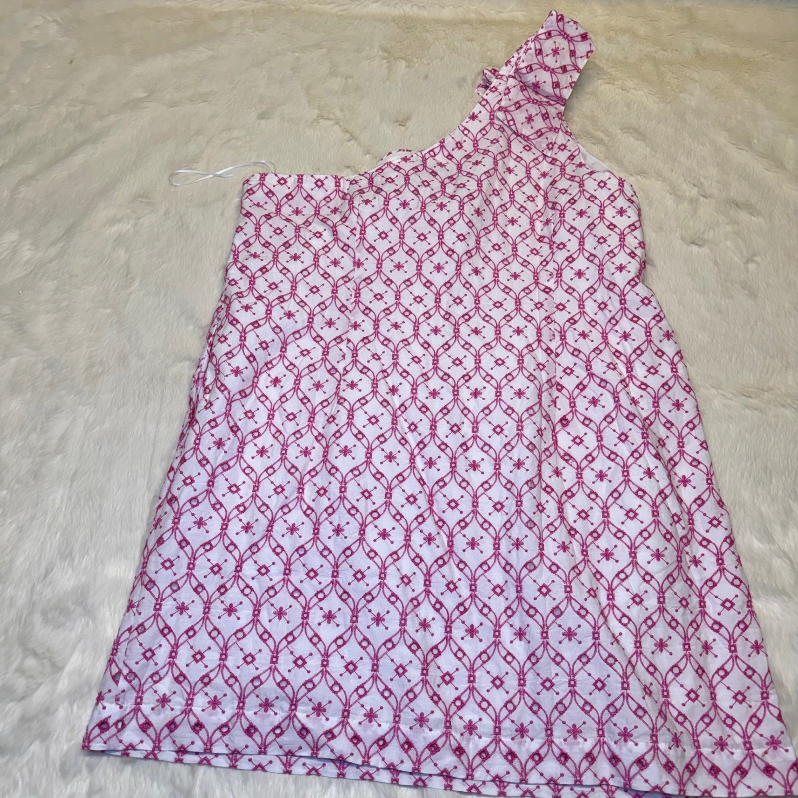 NWT J. Crew One Shoulder Embroidered Eyelet Bow Dress Pink White Cotton Size 20