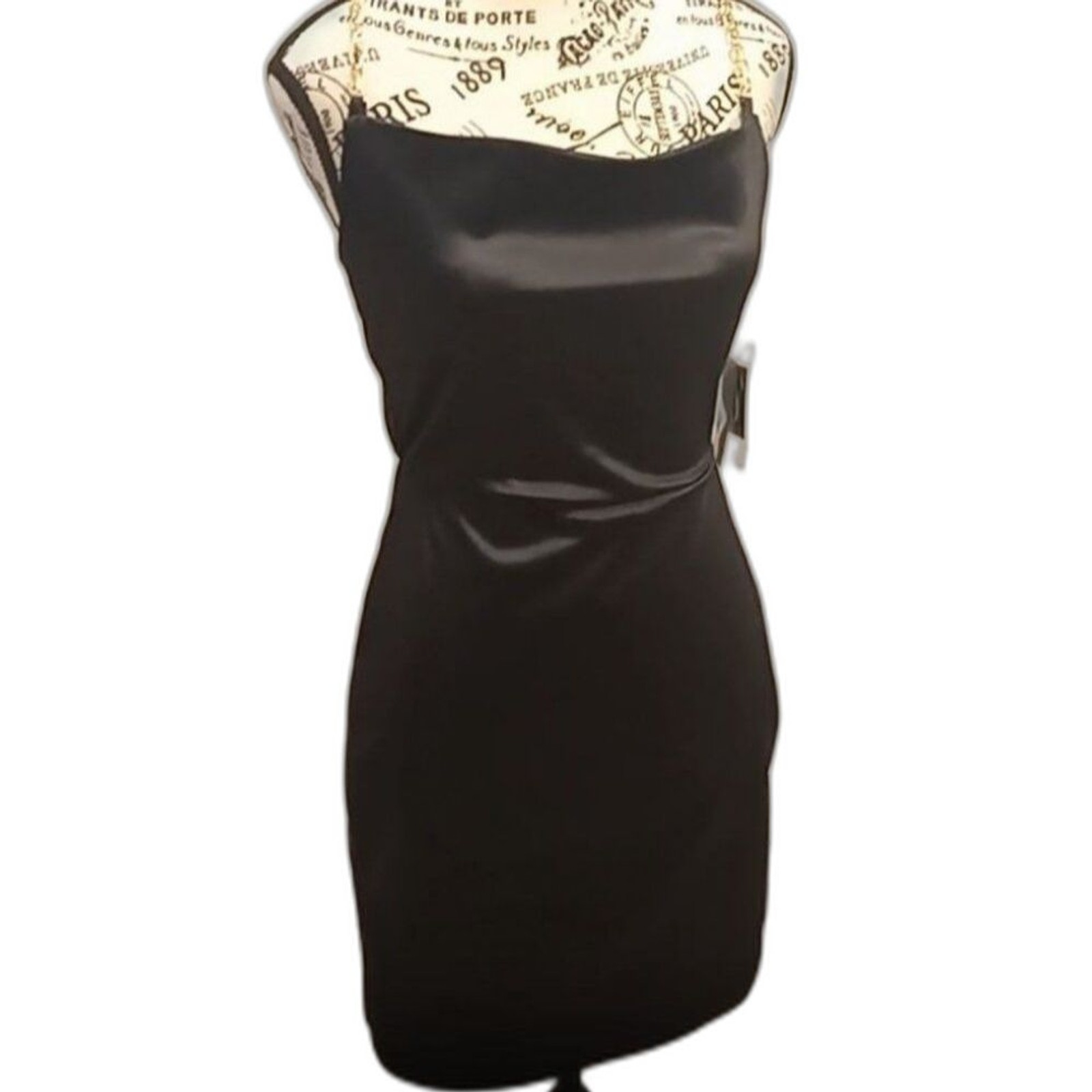 Women Size S Black Y2K Mini SlipOn LBD fitted dress stretch Gold Satin-Feel NWT