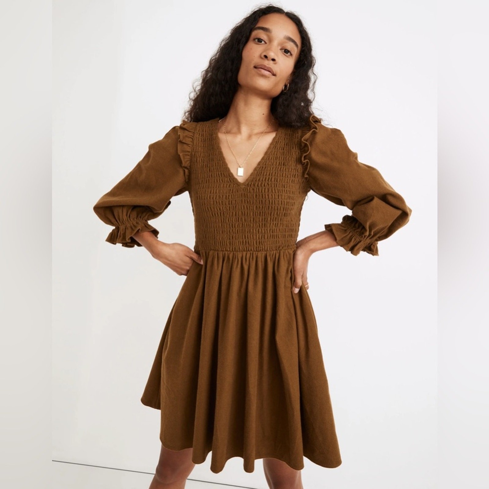 Madewell NWT Flannel Lucie V-Neck Smocked Neck Mini Dress Weathered Olive Sz XS