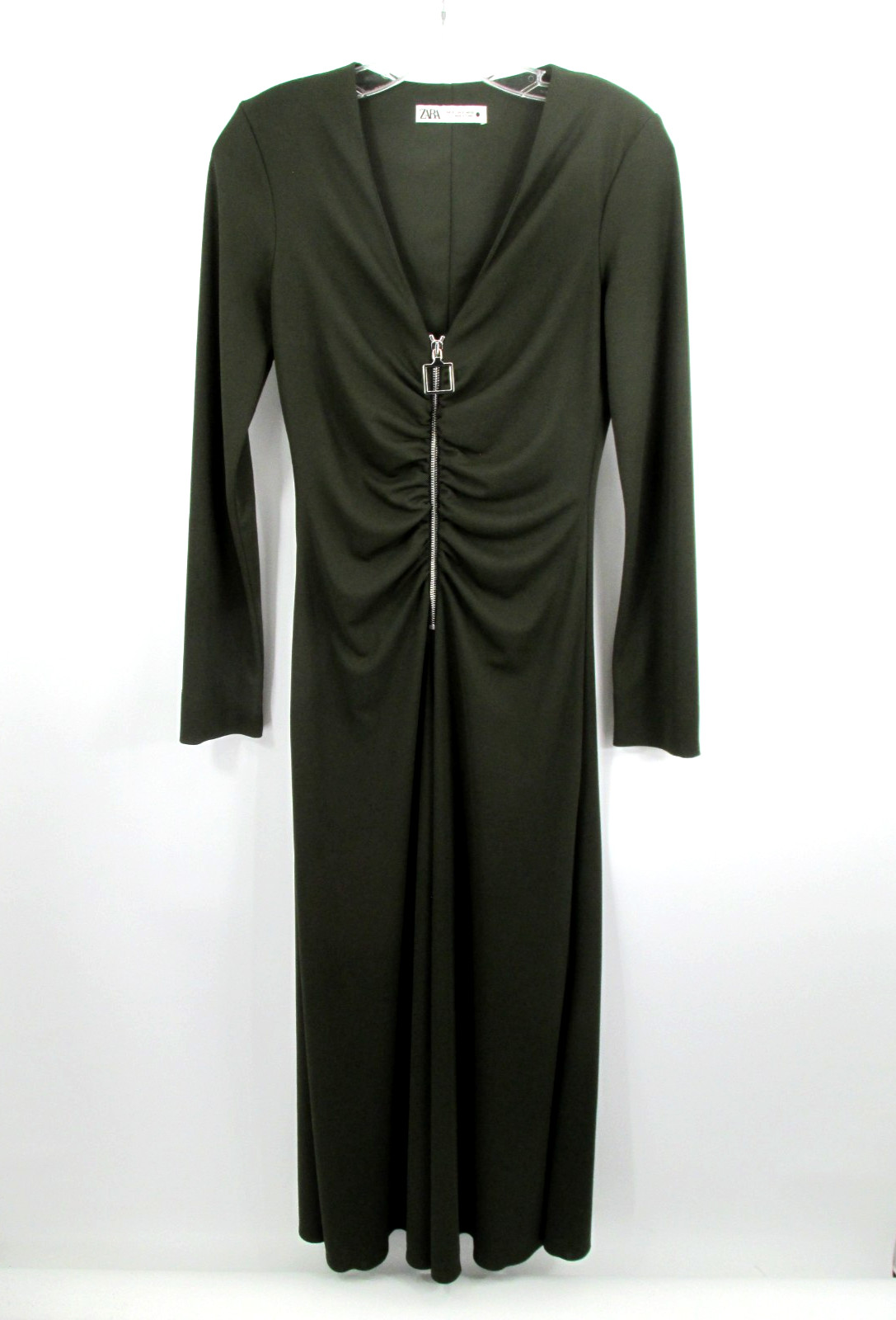 ZARA Maxi Evening Bodycon Dress Women S Dark Olive Green Ruched Elegant Classy