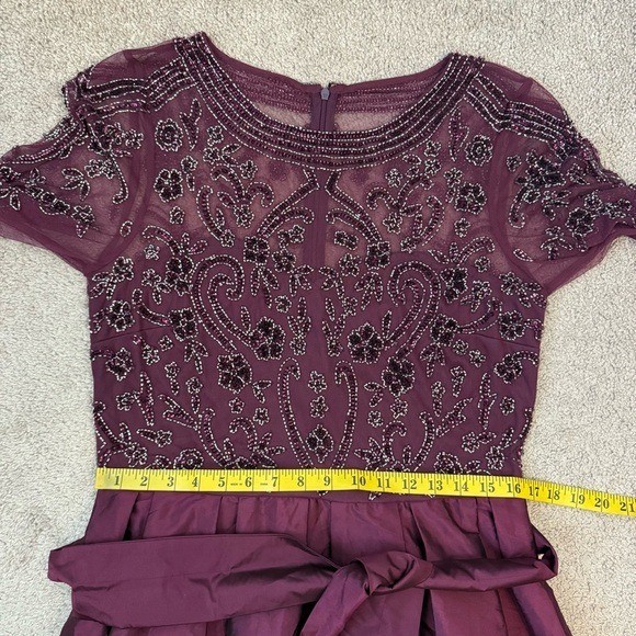 Pisarro Nights Beaded Illusion Neck Taffeta Dress Wine 10