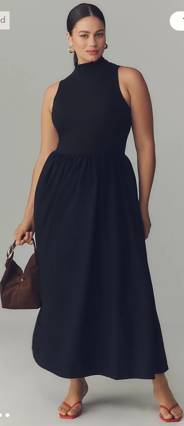 Reformation Black Mock Turtleneck Side Pockets Sai Fit And Flare Maxi Dress L