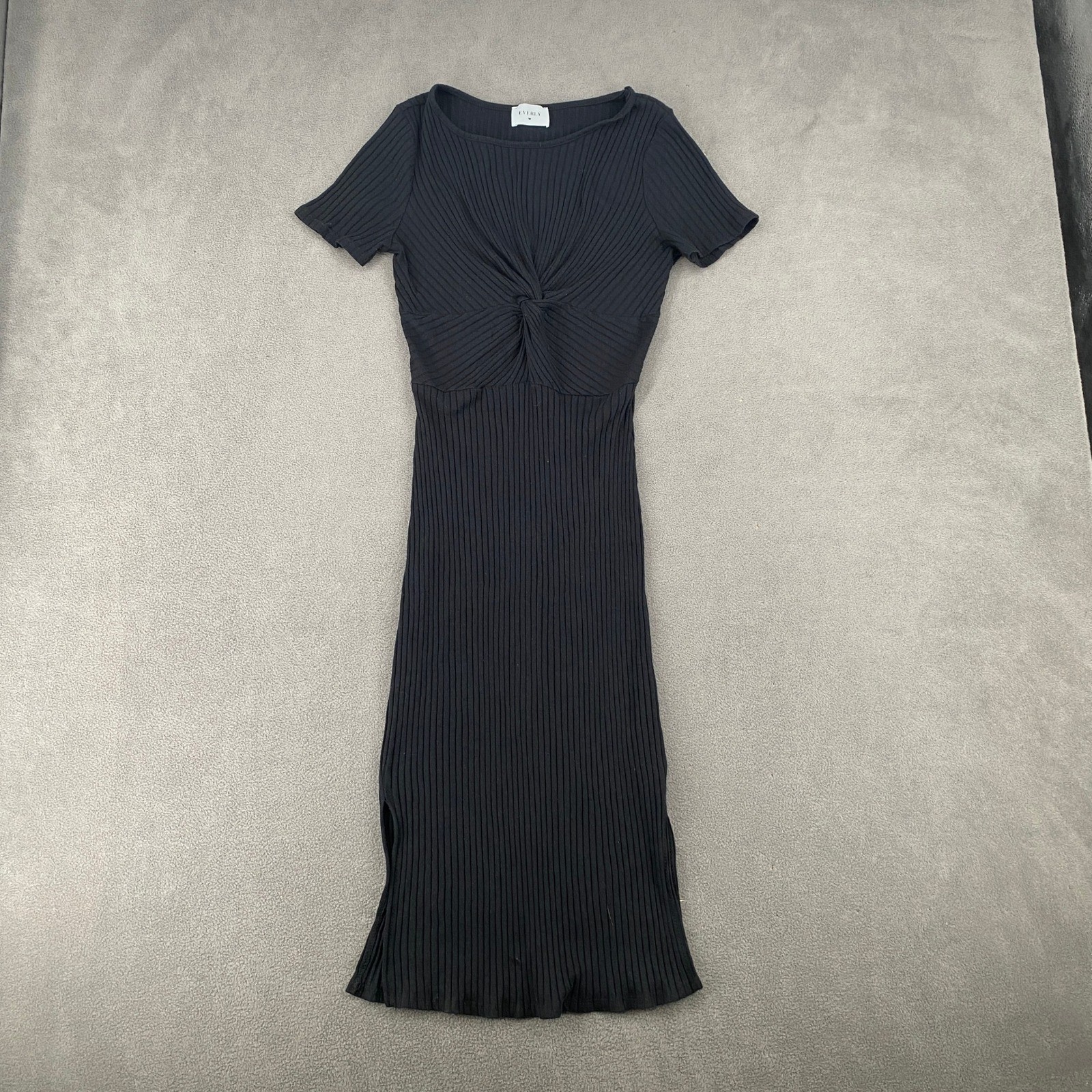 Everly Black Ribbed Twist Front Short Sleeve Midi Bodycon Dress Side Slit Size M