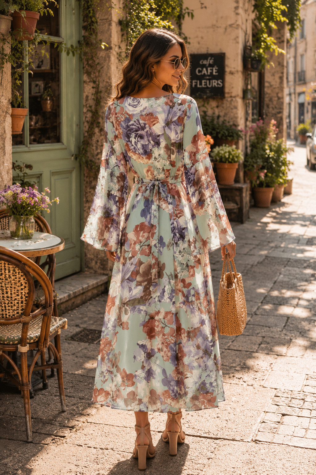 Women’s Size Large Wrap Mint Green Floral Boho Bell Sleeve High Low Maxi Dress