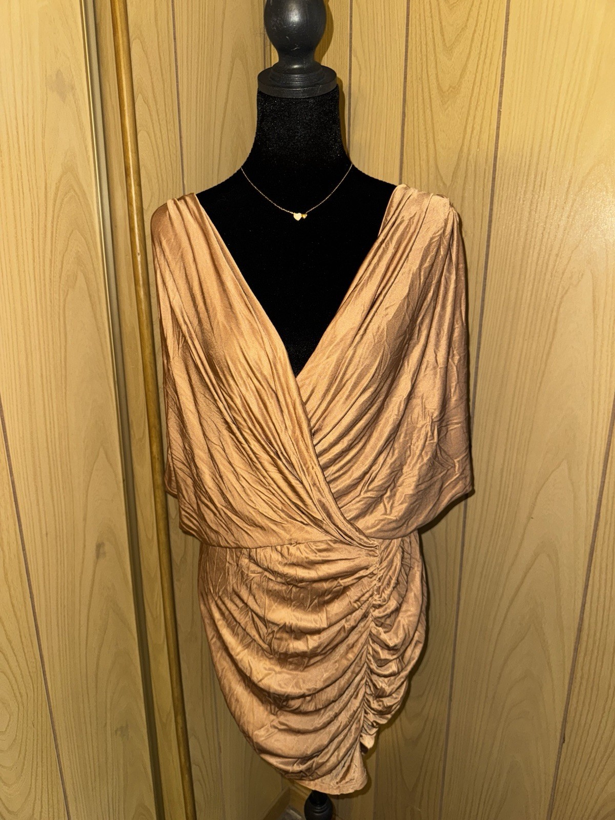 Boston Proper Bronze Ruched Satin Cocktail Dress | Draped V-Neck | Party Wedding
