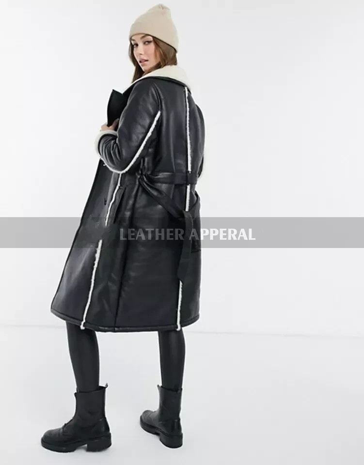 Womens Shearling Trench Leather coat| Genuine Lambskin Leather & Faux Fur Coat M