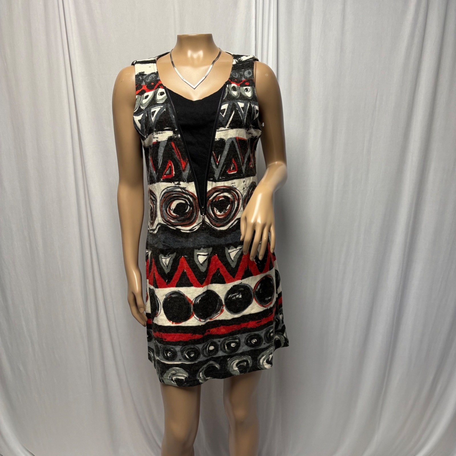 24Seven Comfort Knit Dress Size Medium Black Red Abstract Sleeveless Mini NEW