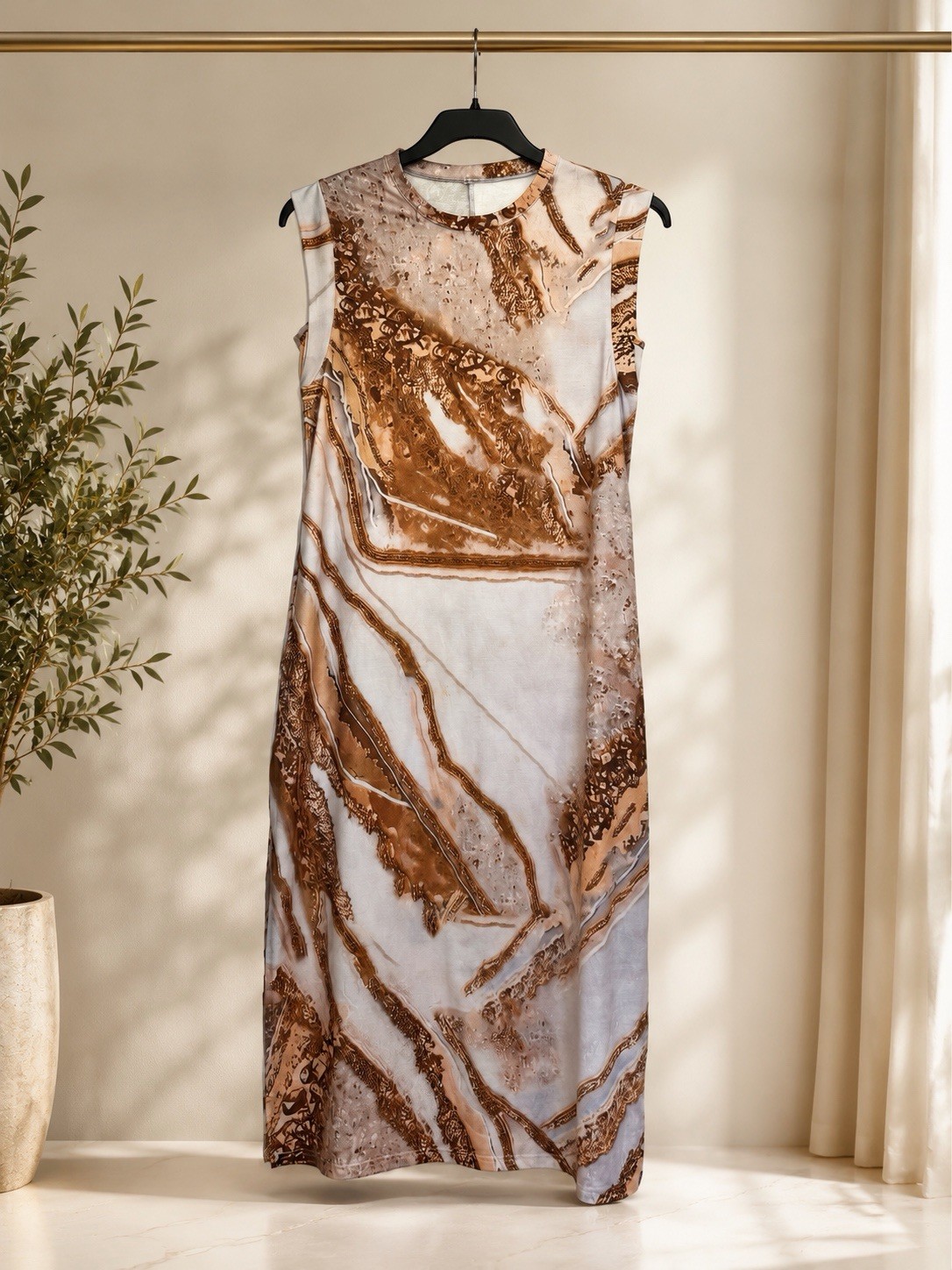 Women’s Abstract Marble Print Midi Dress Sleeveless Floor Length Side Slits Pock