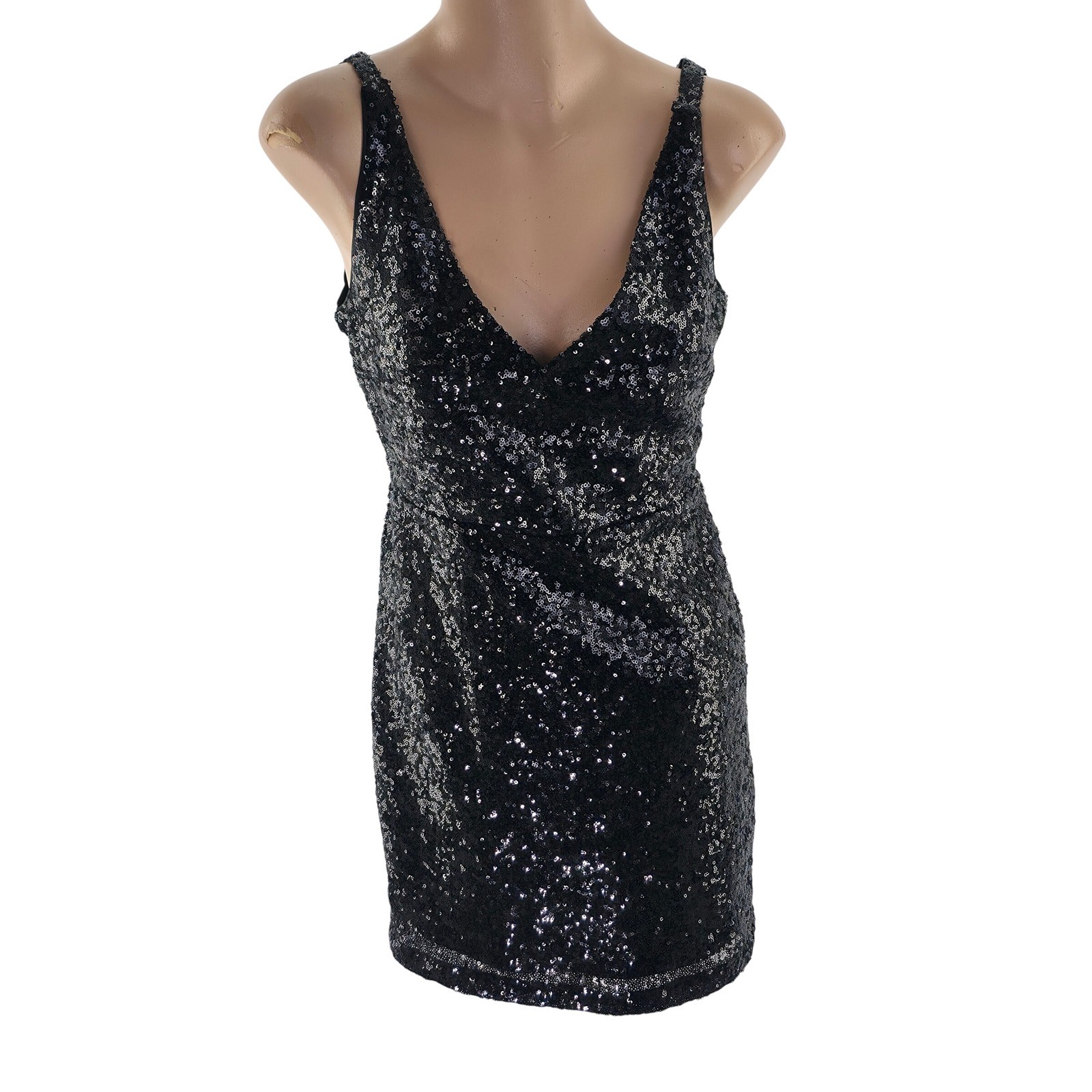Lulus Sequin Cocktail Dress Womens Small Black Mini V-Neck Bodycon Party Gown