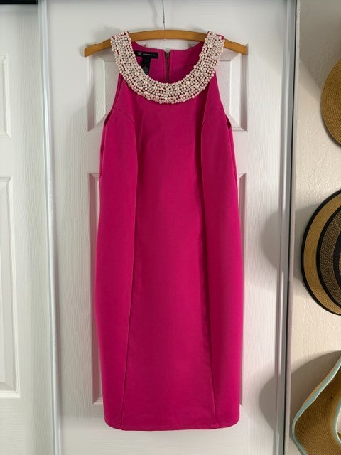 INC Fuchsia Sleeveless Shift Dress W/ Beaded Faux Pearls Neckline – Size M