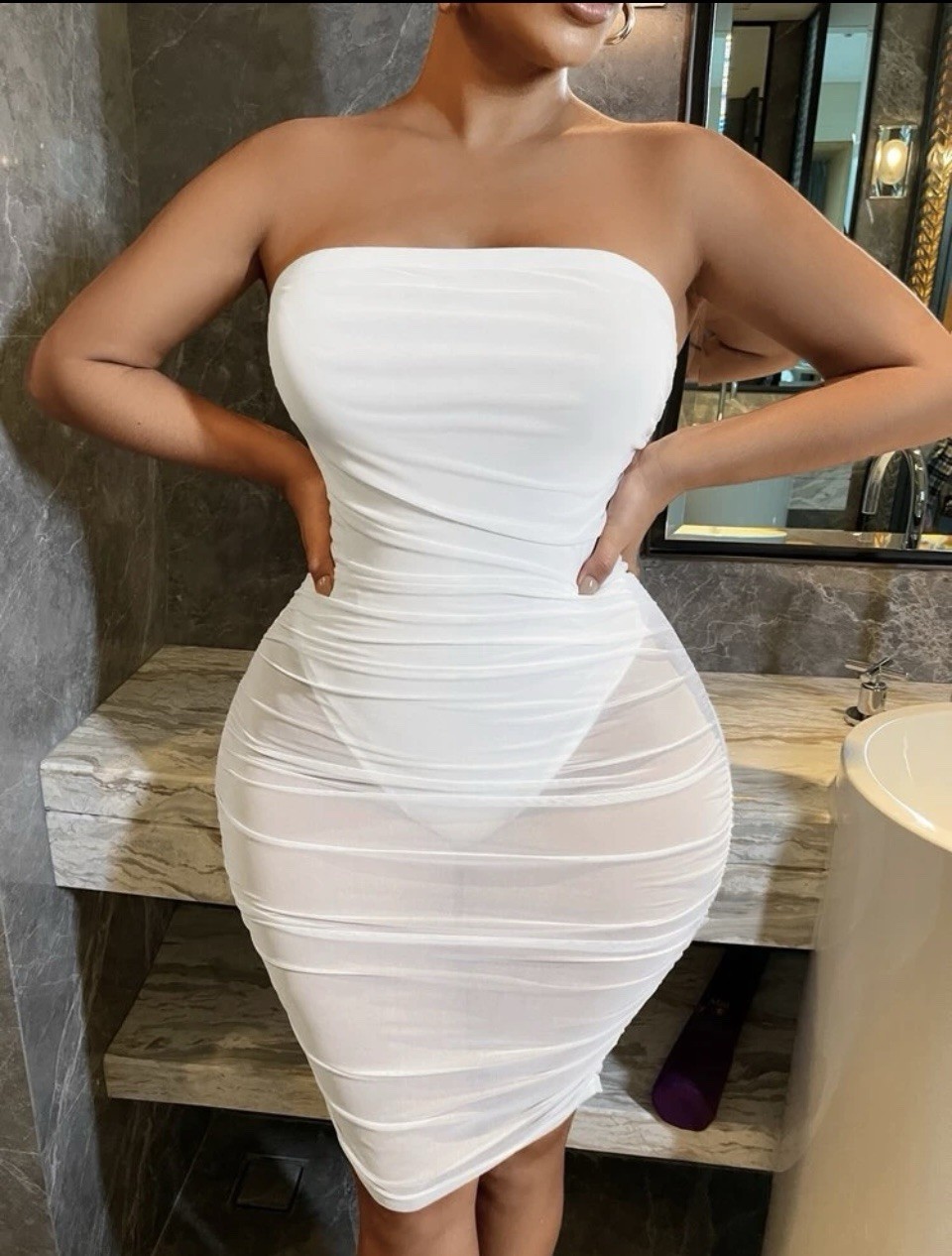 White Strapless Ruched Sheer Mesh Bodycon Knee Length Dress Stretch