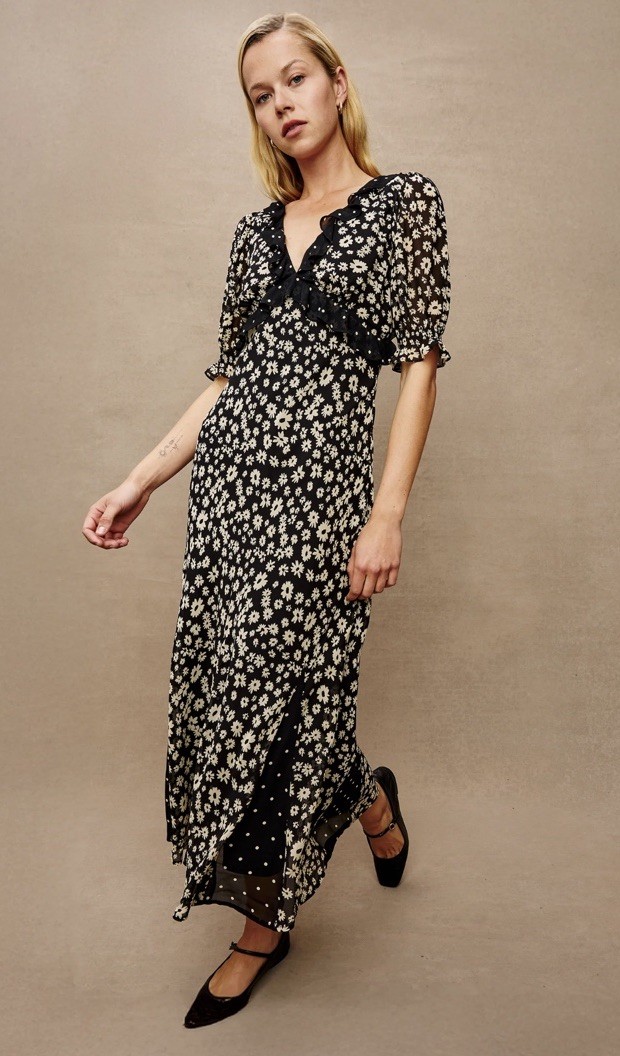 Rails Annmarie Maxi Dress Women’s Size XS Black Floral Print Smocked Waist NWT