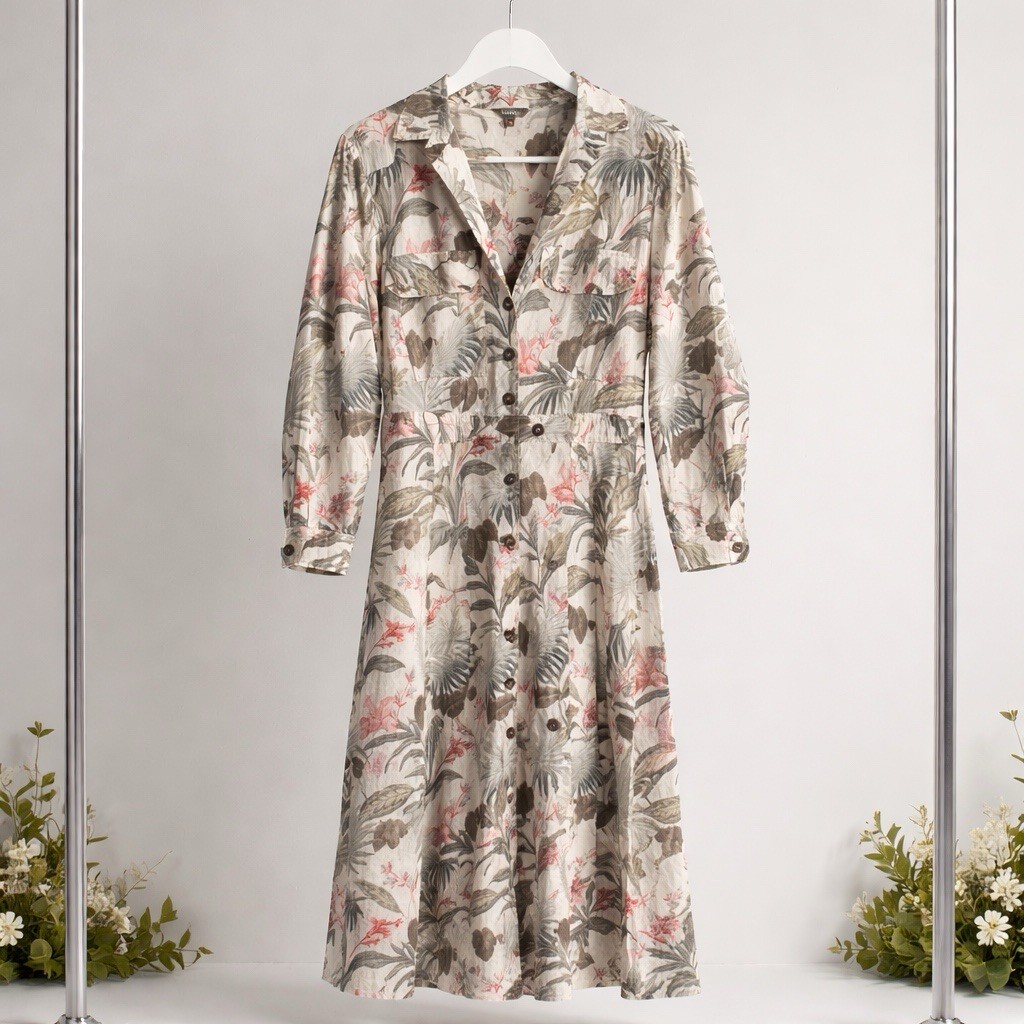 Massimo Dutti Green & Pink Floral Dress EU42, US 10