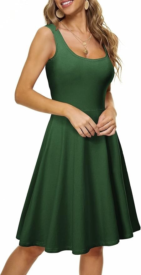 New FENSACE Sleeveless Scoop Neck Cotton Tank Dress Sundress, Green L