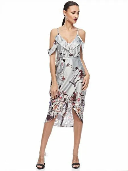 MissGuided Dress 8 Midi Cold Shoulder Silver Grey Floral Botanical Date Wedding