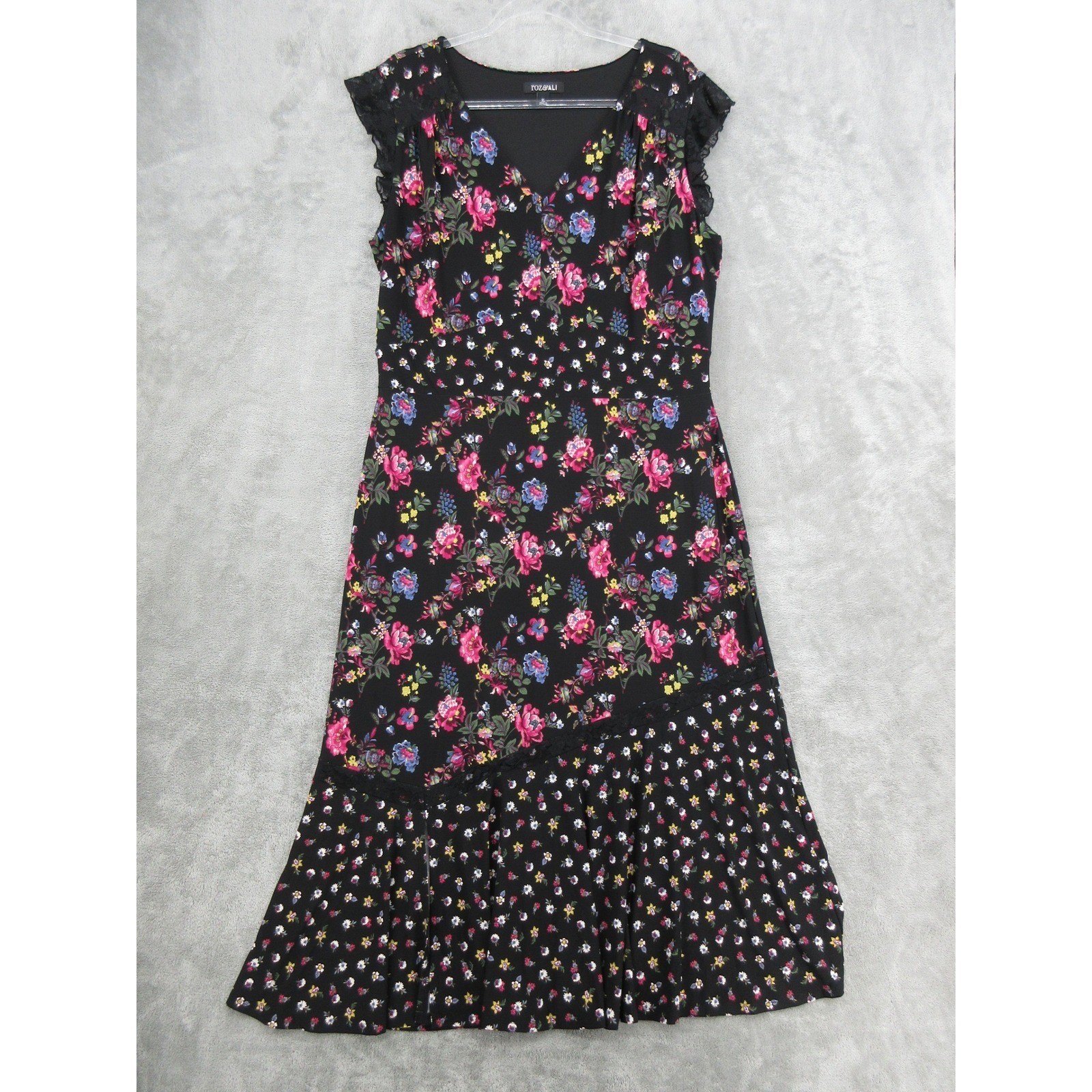 Roz & Ali Dress Women XL Maxi Lace Trim Floral Stretch Knit Boho Feminine Summer