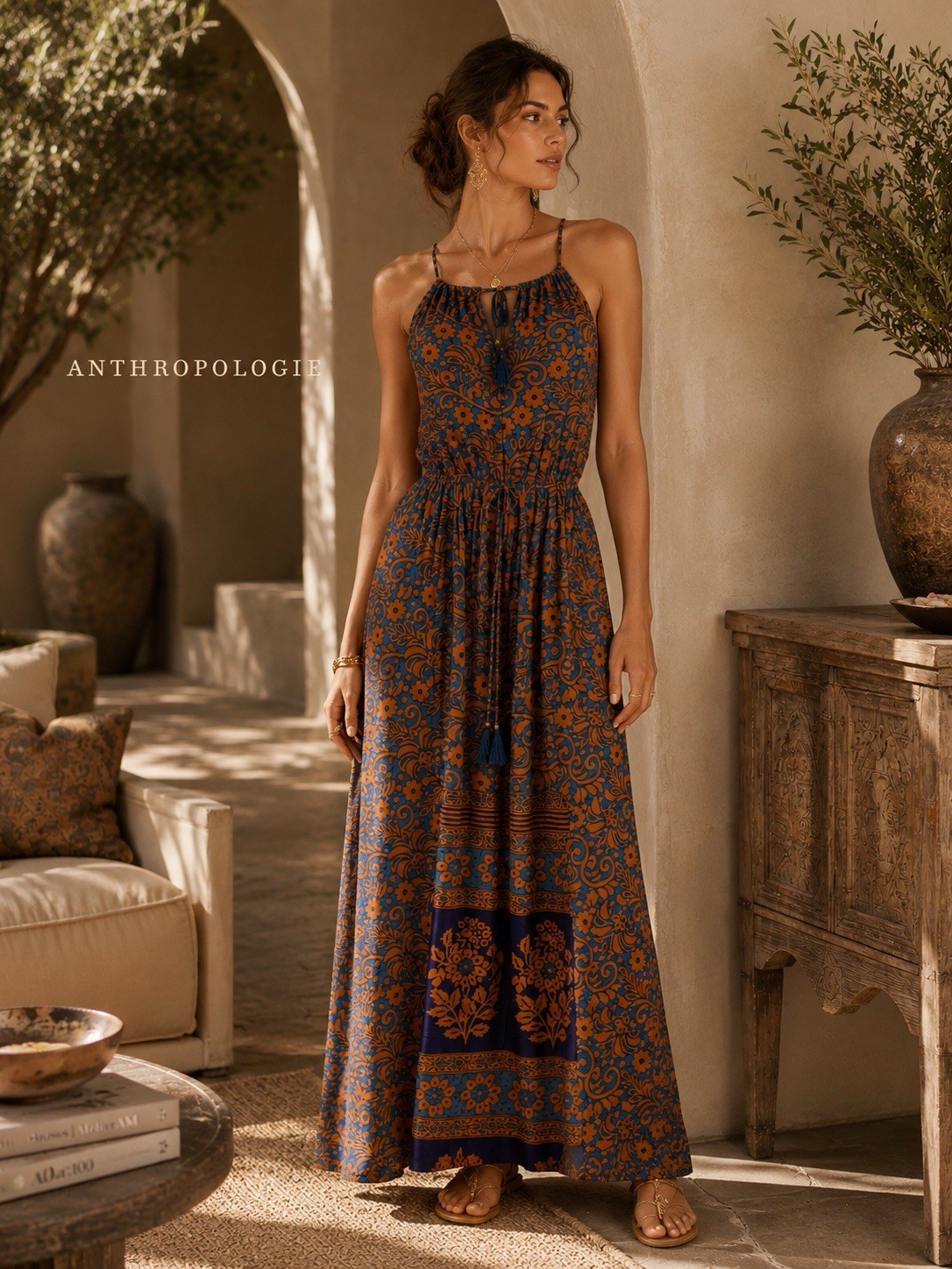 RAGA New Maxi Dress Floral Side Cut Out Elastic Waist Tassels Straps R1743 SMALL
