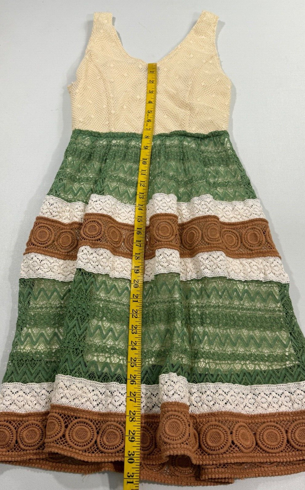 Ryu Womens Dress Small Cream Green Stripe Crochet Boho Hippie Festival Fairy