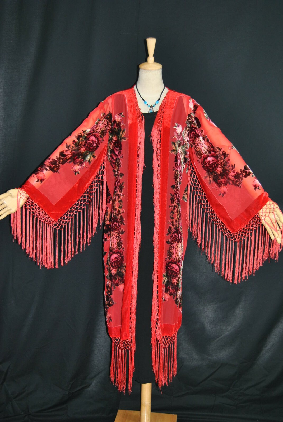 Art to Classic Eastern Flower Burnout Velvet Fringe Jacket Coat Kimono Duster