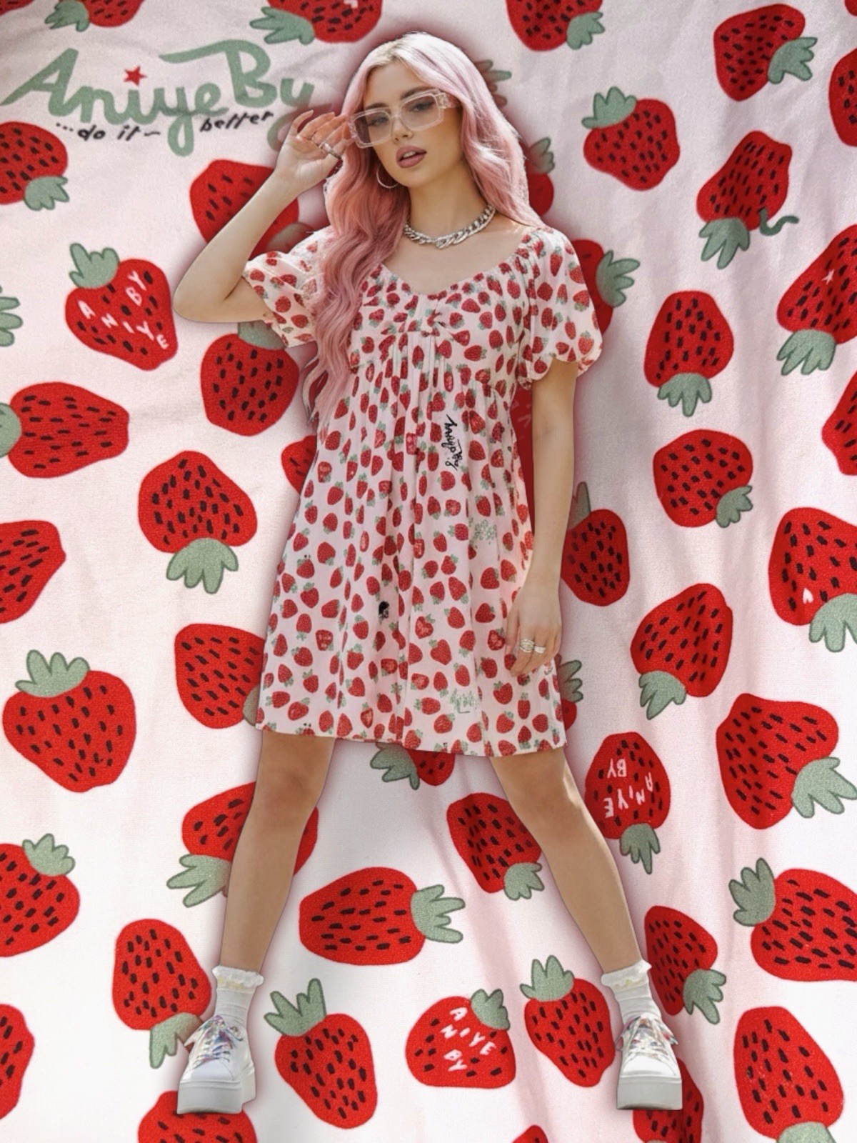 Aniye By Italian Strawberry Print Puff Sleeve Mini Coquette Dress IT 42 / US 6