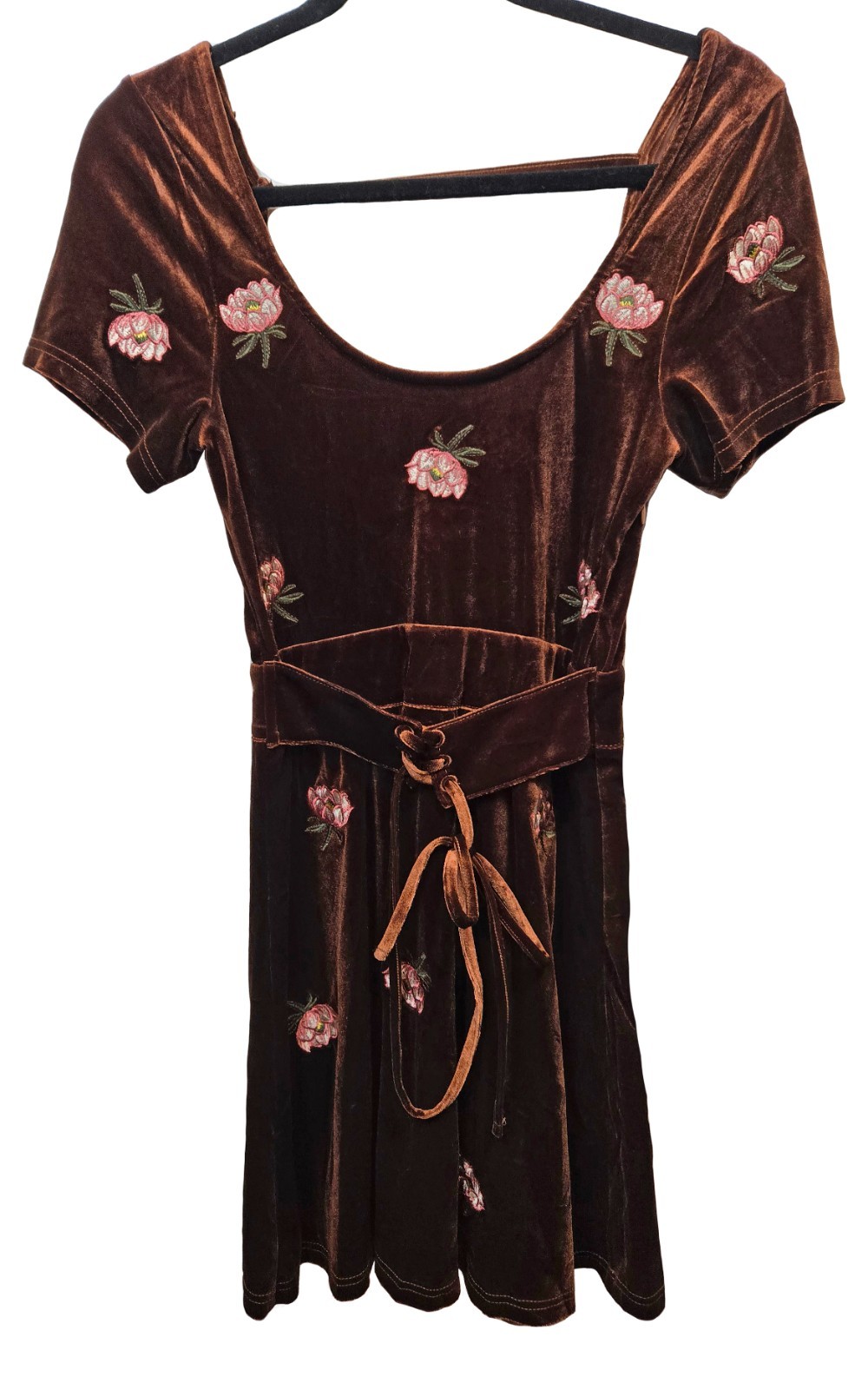 Honey Belle NWT Corset Dress Brown Velvet Embroidered Lotus Flower Boho Goth S