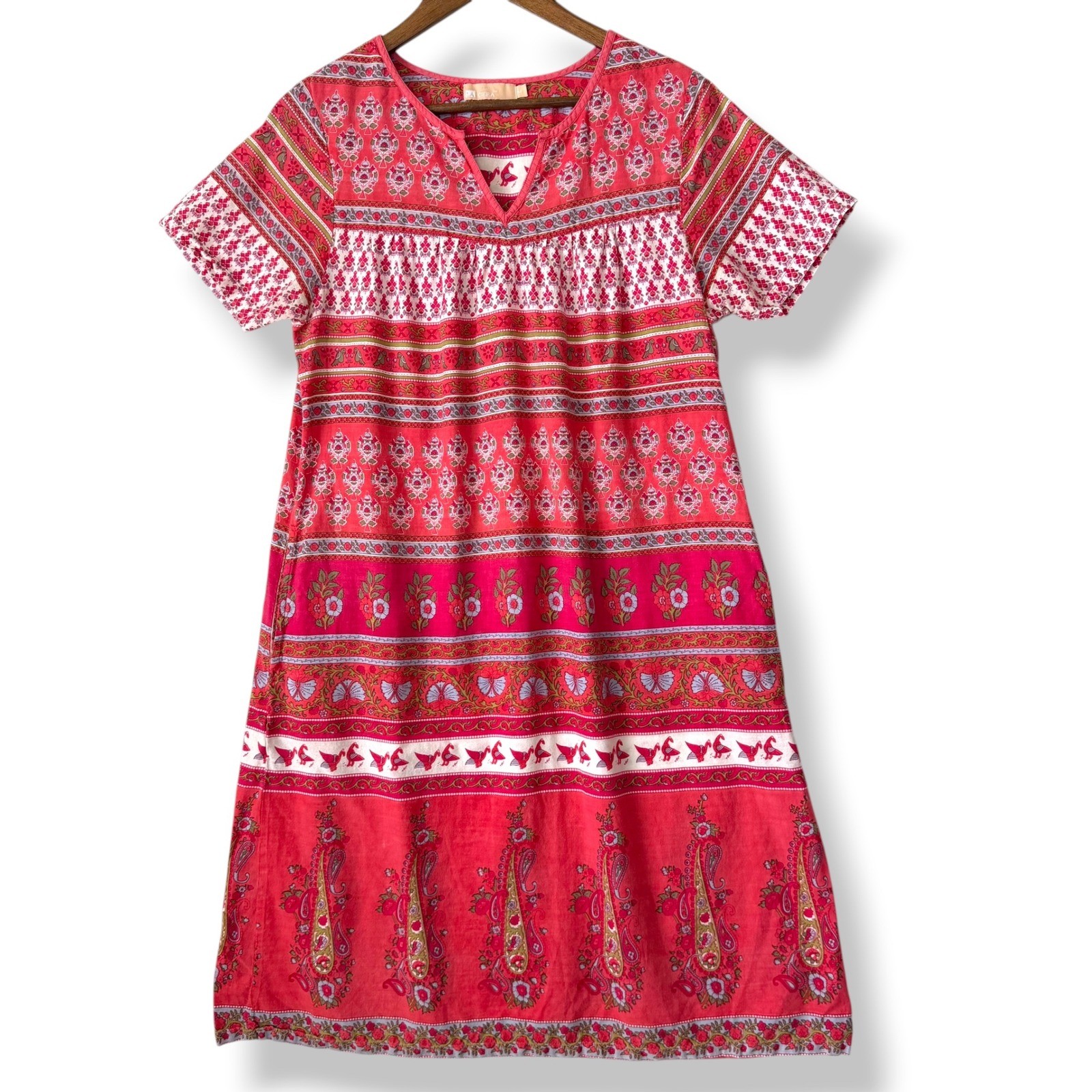 La Cera Dress M 100% Cotton Coral Pink Floral Paisley Bird Pockets Boho Indian