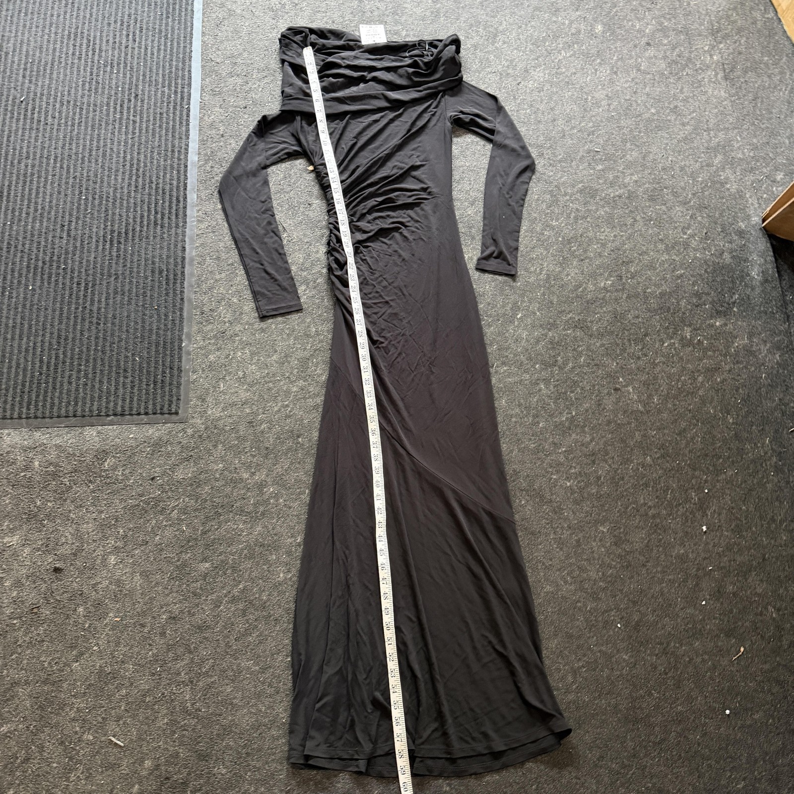 Zara Dress Womens Small Black Long Sleeve Cowl Neck Ruched Bodycon Maxi Gown