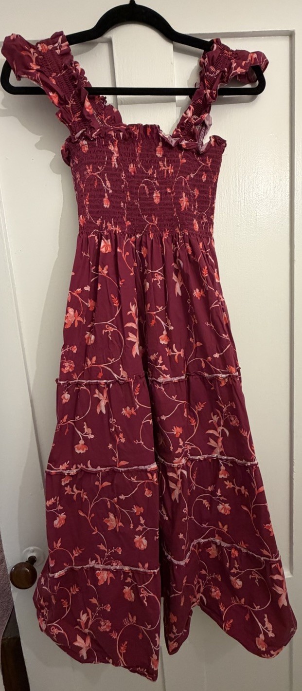 Hill House Home Ellie Nap Dress Burgundy Botanical Poplin Women’s XS Preppy