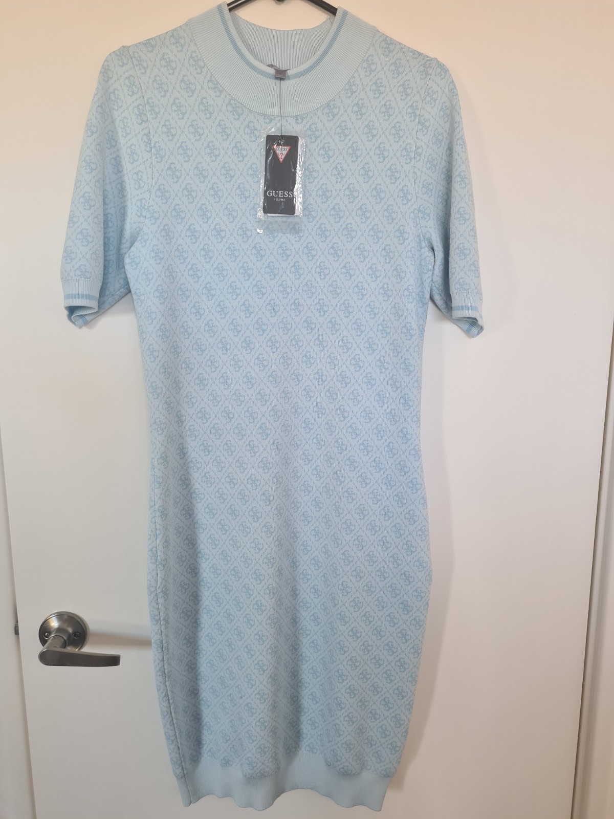 Guess Short Sleeve Lise 4G Logo Blue Sweater Dress NEW WITH TAGS