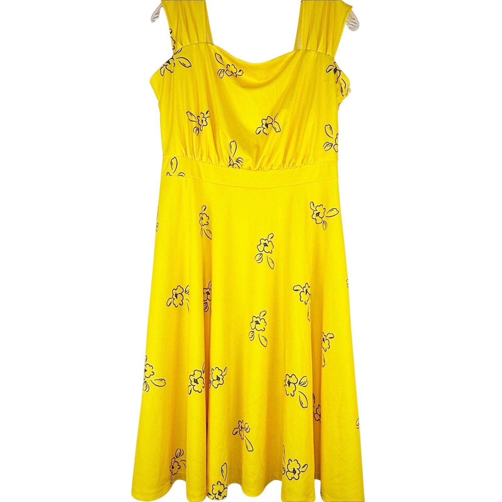 Womens Yellow Floral Fit and Flare Dress Square Neck Ruched Straps Knee Length