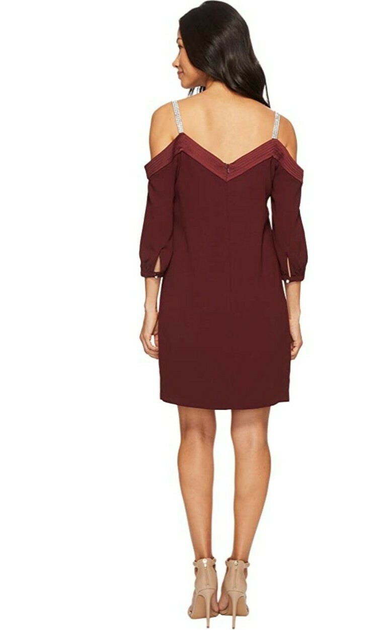 Trina Turk Sarika Rhinestone Strap Cold Shoulder Crepe Dress,Women’s 8 ,Malbec