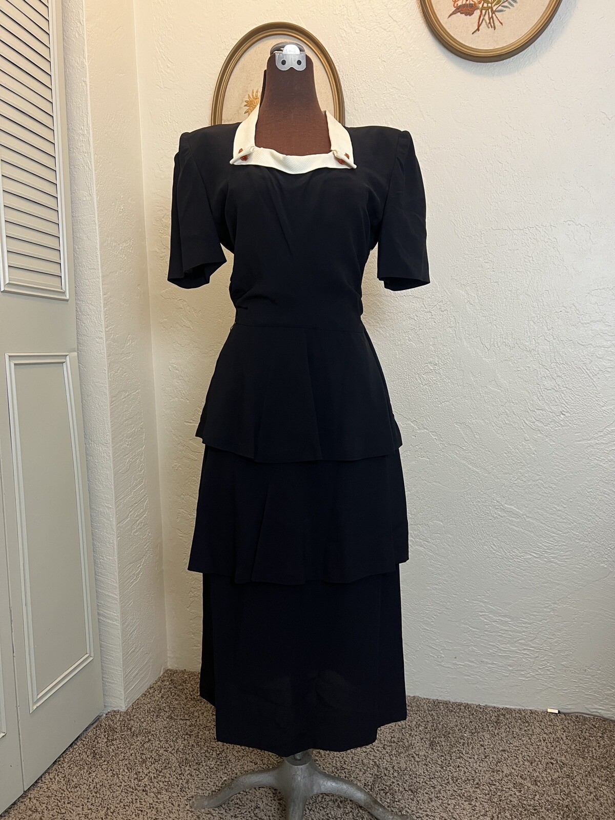 1940s Black Rayon Crepe Dress Rhinestones Tiered Skirt – Size Small