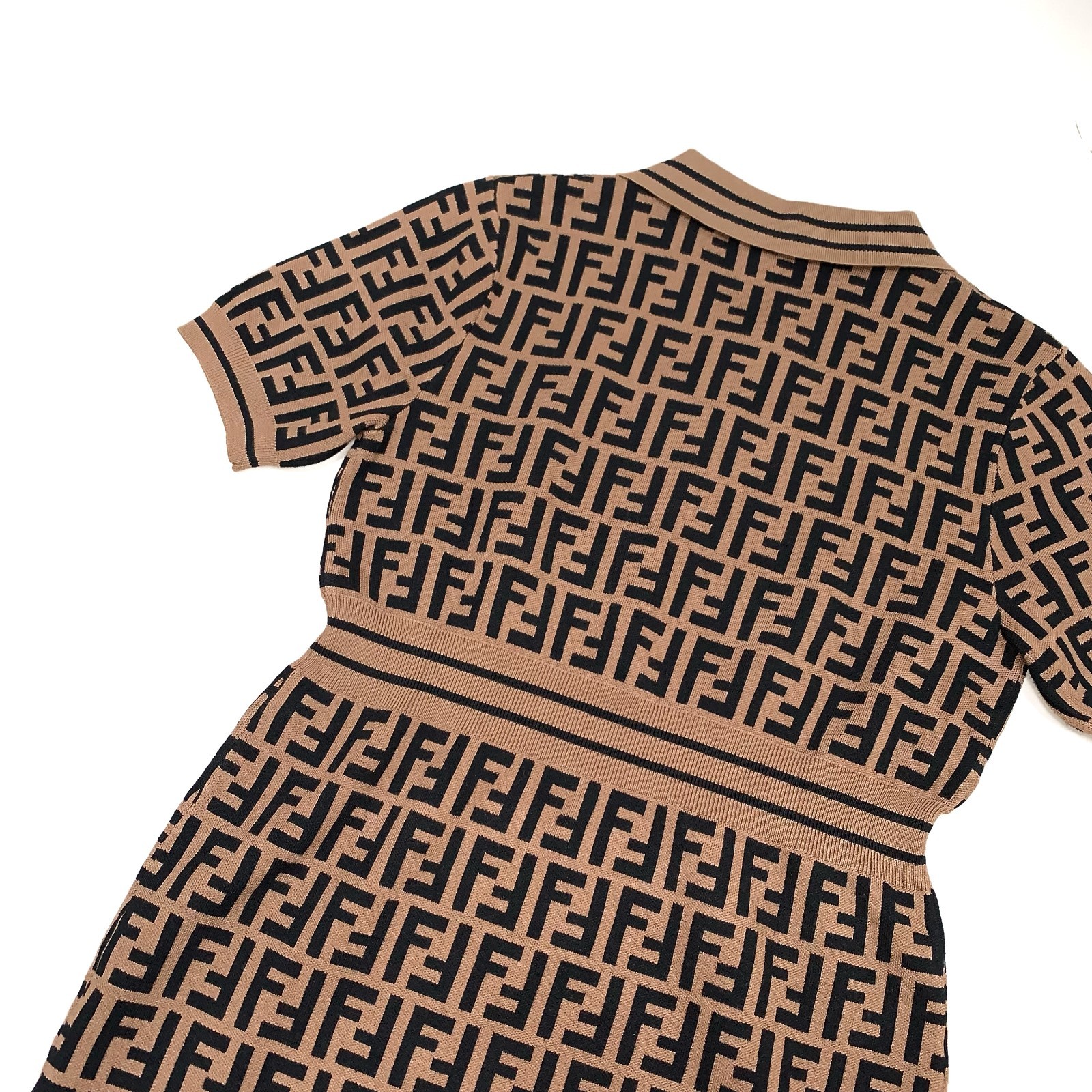 Fendi Zucca FF Monogram Logo Knitted Polo Stretched Dress Brown 38 (S) Size