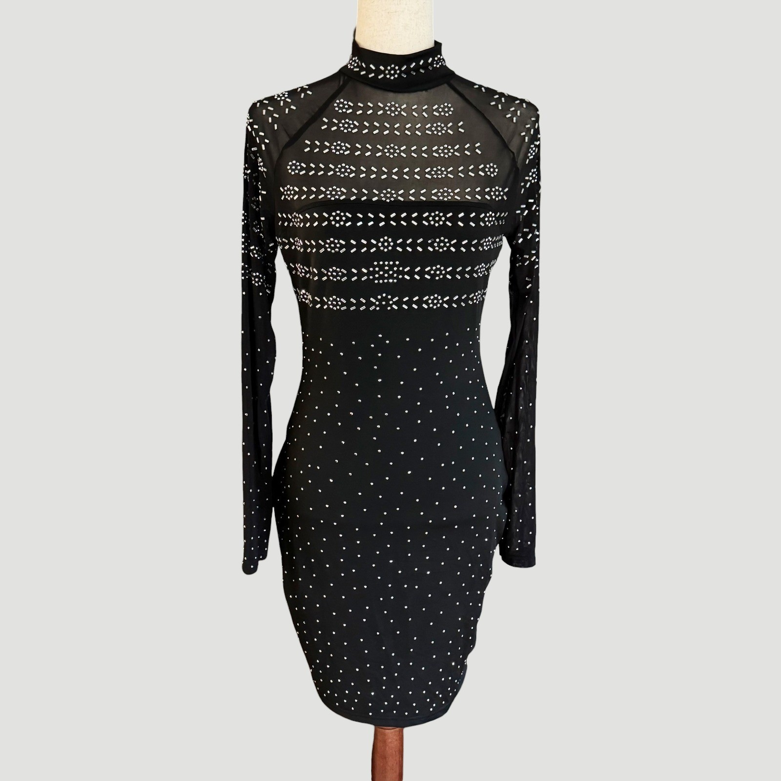 L&B Black Rhinestone Mesh Bodycon Mini Dress Western Glam M Festival Vegas NWT